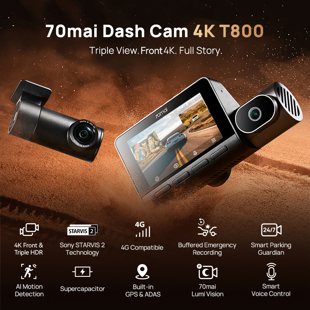 70mai Dash Cam 4K T800 Set Three Channel Kamera Depan Kabin Belakang Sony STARVIS 2 Night Vision GPS WiFi Parkir 24 Jam Anti Maling Supercapacitor Dashcam Mobil