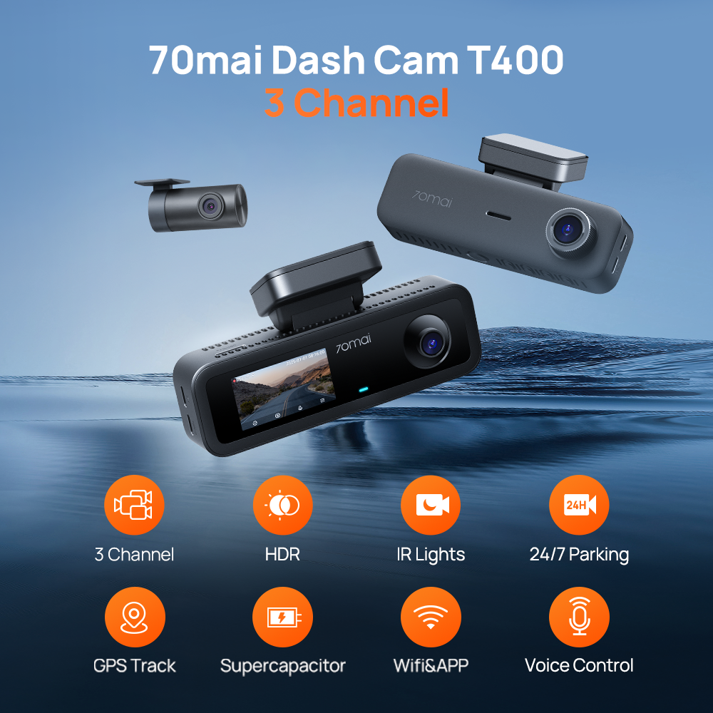 70mai Dash Cam T400 Set Three-Channel 1440P HDR Night Vision Bulit-in GPS Parkir 24 Jam Anti Maling Supercapacitor Voice Control Kamera Mobil