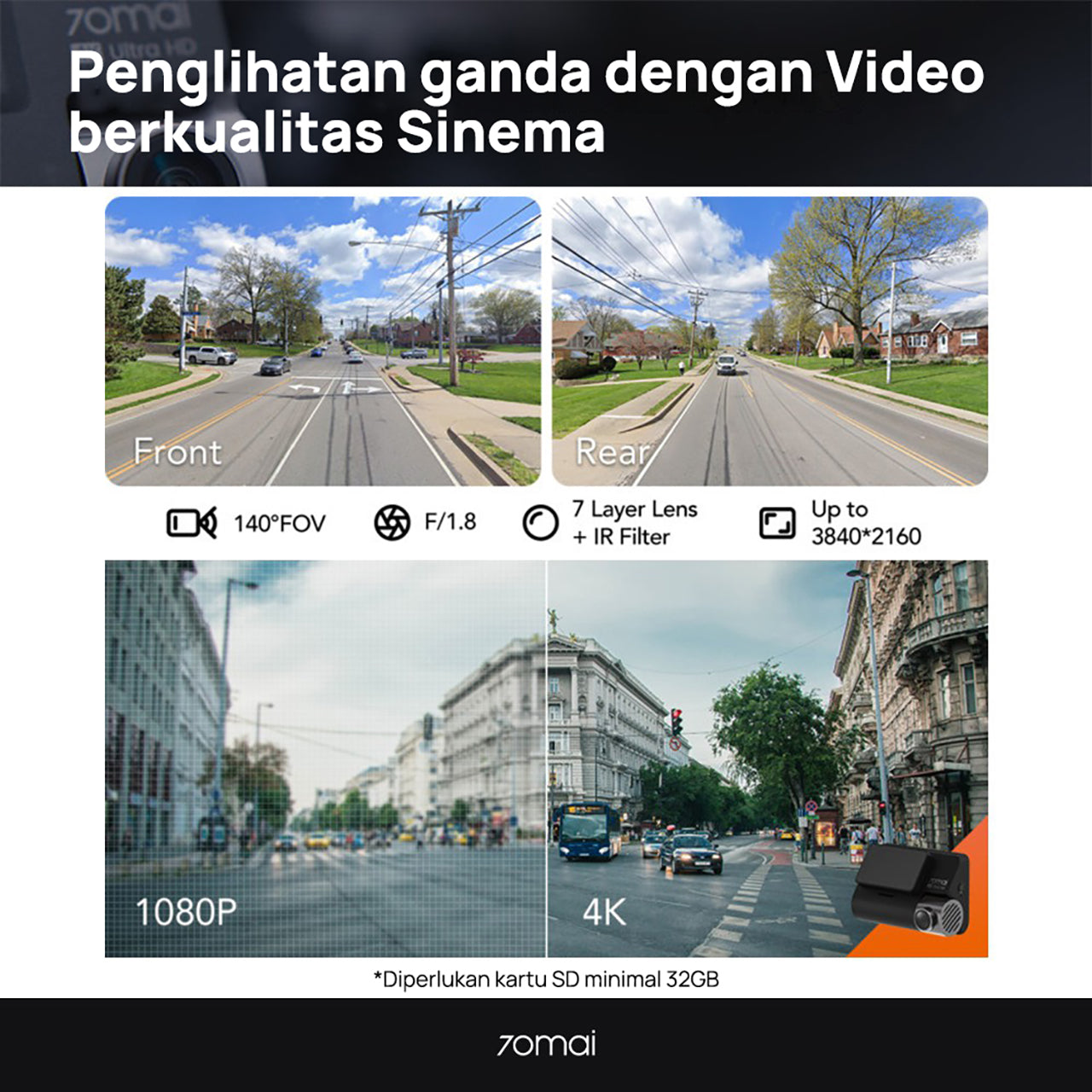 70mai Dash Cam A800S Set Front 2160P Rear 1080P FOV 140 GPS Night Vision ADAS Dashcam Mobil