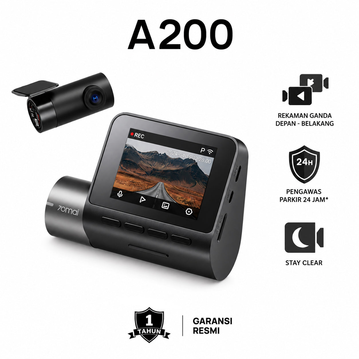 70mai Dash Cam A200 Set Dual Channel 1080P HDR Night Vision WiFi Parkir 24 Jam