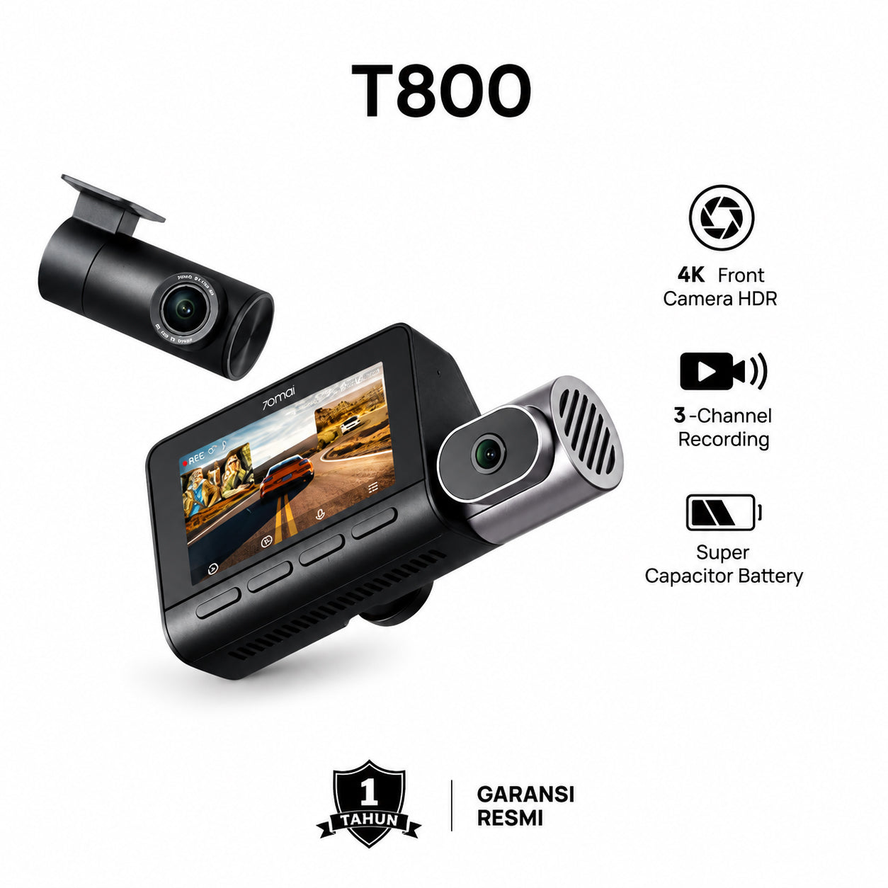 70mai Dash Cam 4K T800 Set Three Channel Kamera Sony STARVIS 2 Supercapacitor